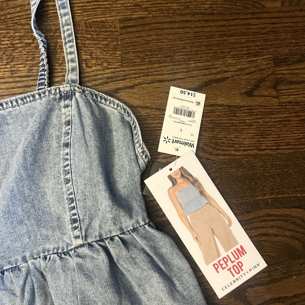 Celebrity Pink Sleeveless Denim Peplum Top for Women Size L SL Denim Babydoll - Picture 3 of 3